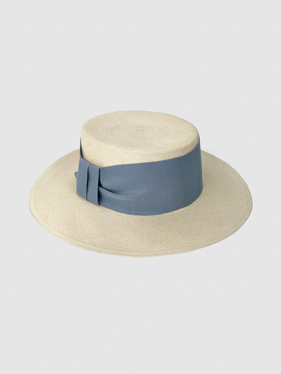 French Bold Ribbon Panama Hat &#039;Boater&#039; Baby Blue