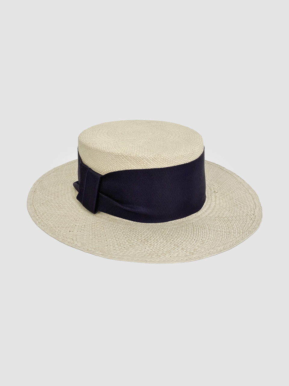 French Bold Ribbon Panama Hat &#039;Boater&#039; Navy
