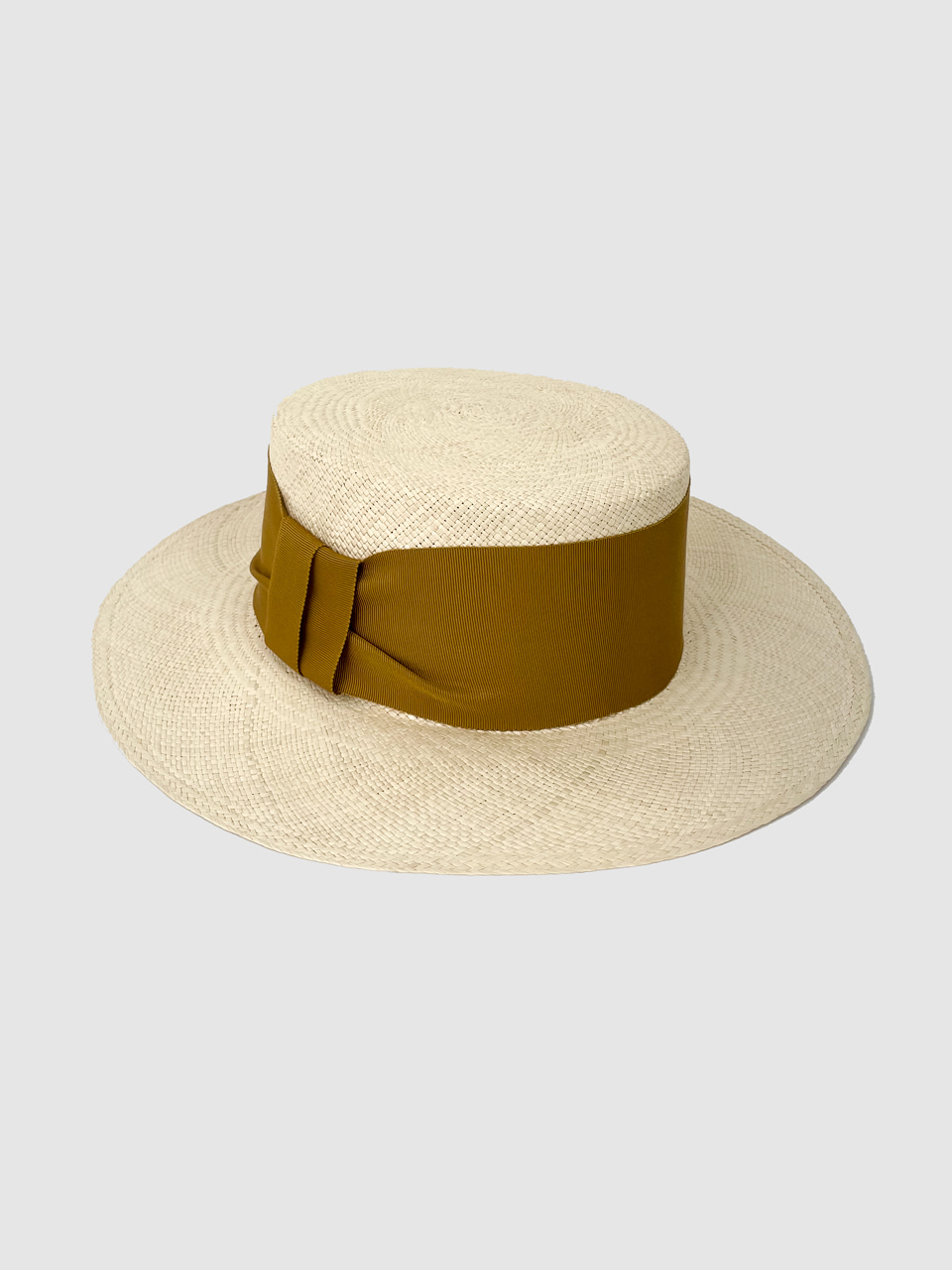 French Bold Ribbon Panama Hat &#039;Boater&#039; Olive